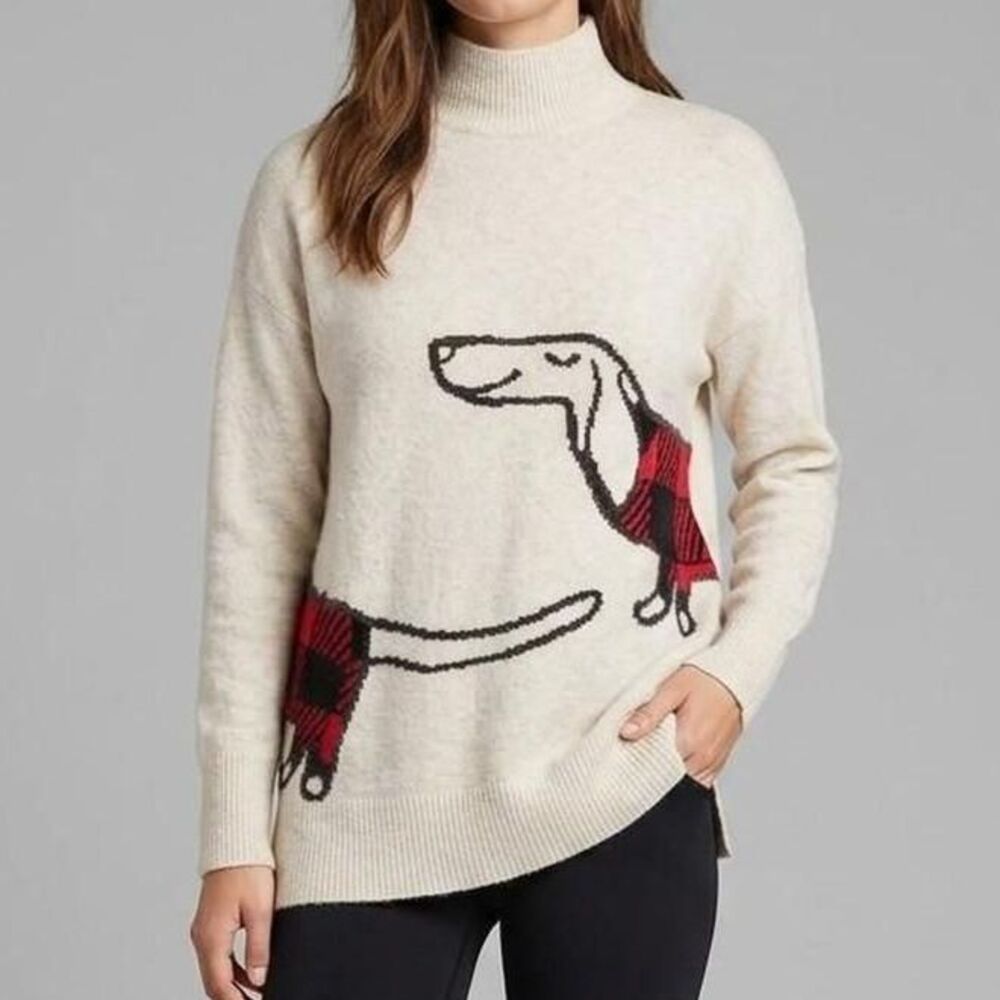 LOFT Cream Dachshund Dog Sweater Size M unique  dog lover quirky  loosefit